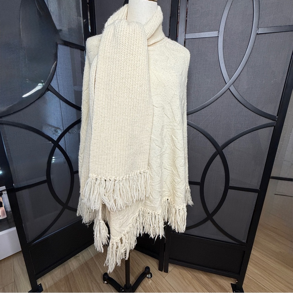 Vintage 1960s 1970s Wintuk Knit Sweater Poncho Cape w Scarf Collar Cream OSFM? - Picture 13 of 17